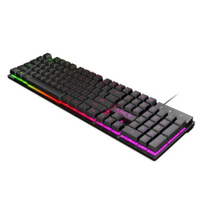 Black USB wired backlit gaming keyboard with frosted keycaps on a desk