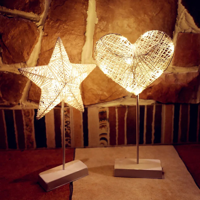 Rattan and copper wire LED star lamp, heart lamp, and moon lamp for bedroom decoration