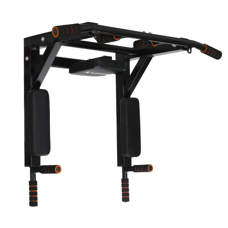 Black wall-mounted fitness rack with parallel bars and sandbag mounting points