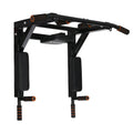 Black wall-mounted fitness rack with parallel bars and sandbag mounting points