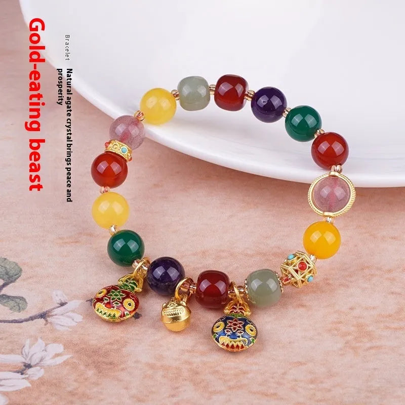 Swallowing gold beast motif agate and Hetian jade crystal bracelet with hand-woven 10mm beads