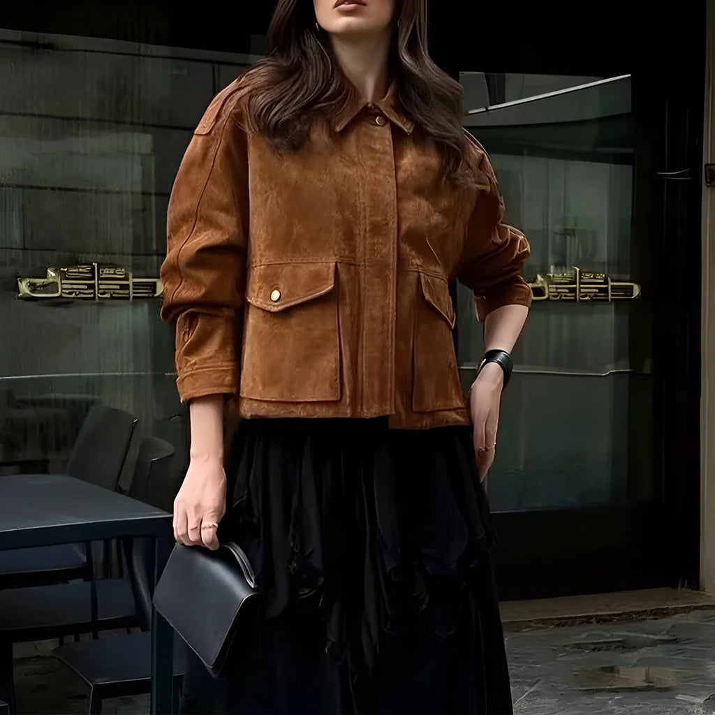 Women's bright brown suede street chic coat with button front and regular sleeves.