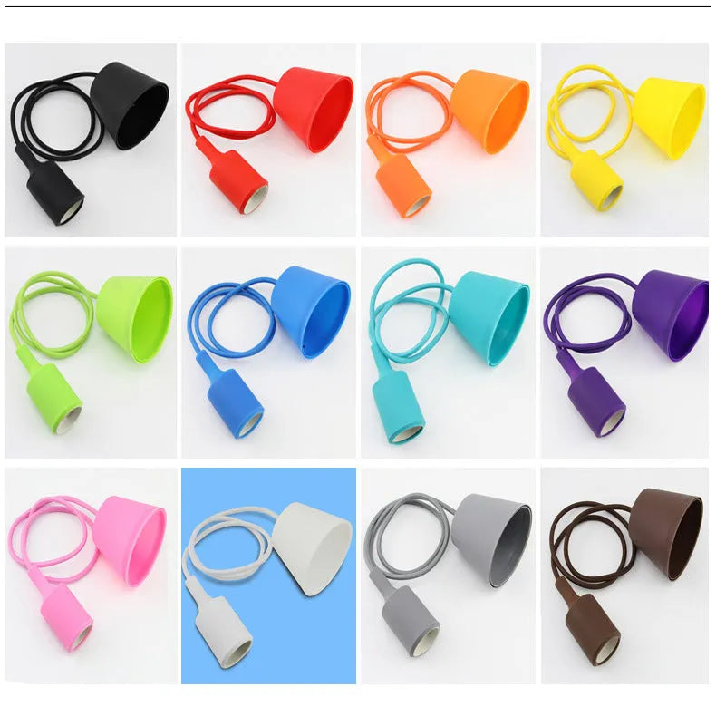 E27 E26 silicone ceiling lamp holder with cord in multiple colour options on a white background