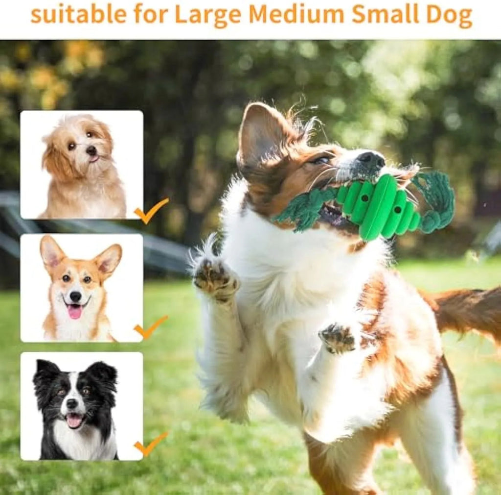 Green and yellow dog ball with rope attachment, showing treat-dispensing hole.