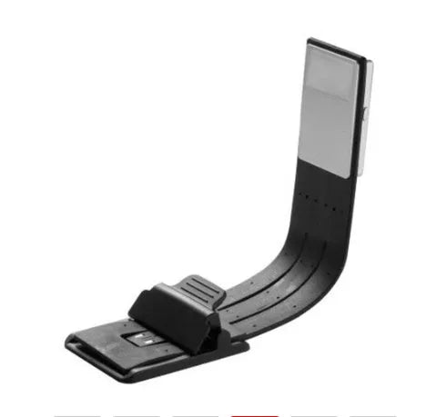 Black folding USB rechargeable LED reading light showing adjustable brightness settings