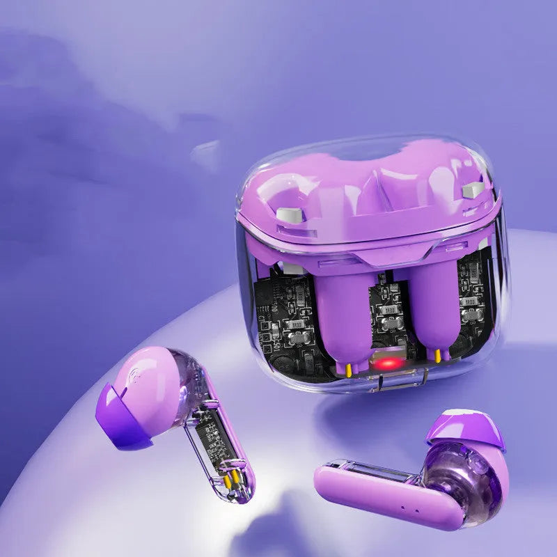 Transparent cabinet wireless Bluetooth in-ear headset in black, white, and purple colour options.