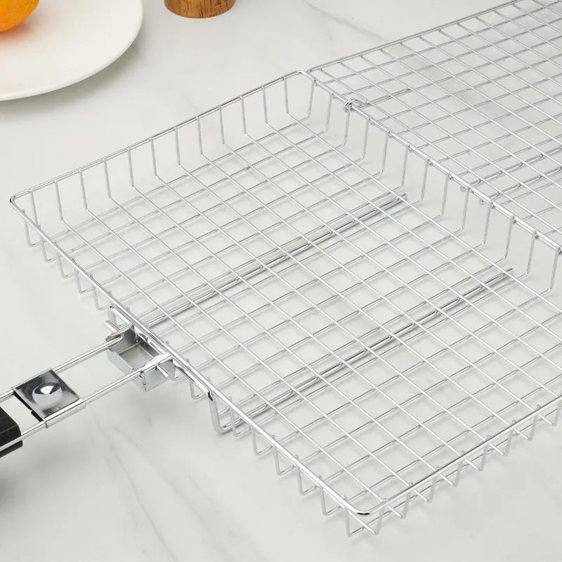 Folding handle BBQ clamp for roast chicken outdoor grill square metal barbecue net