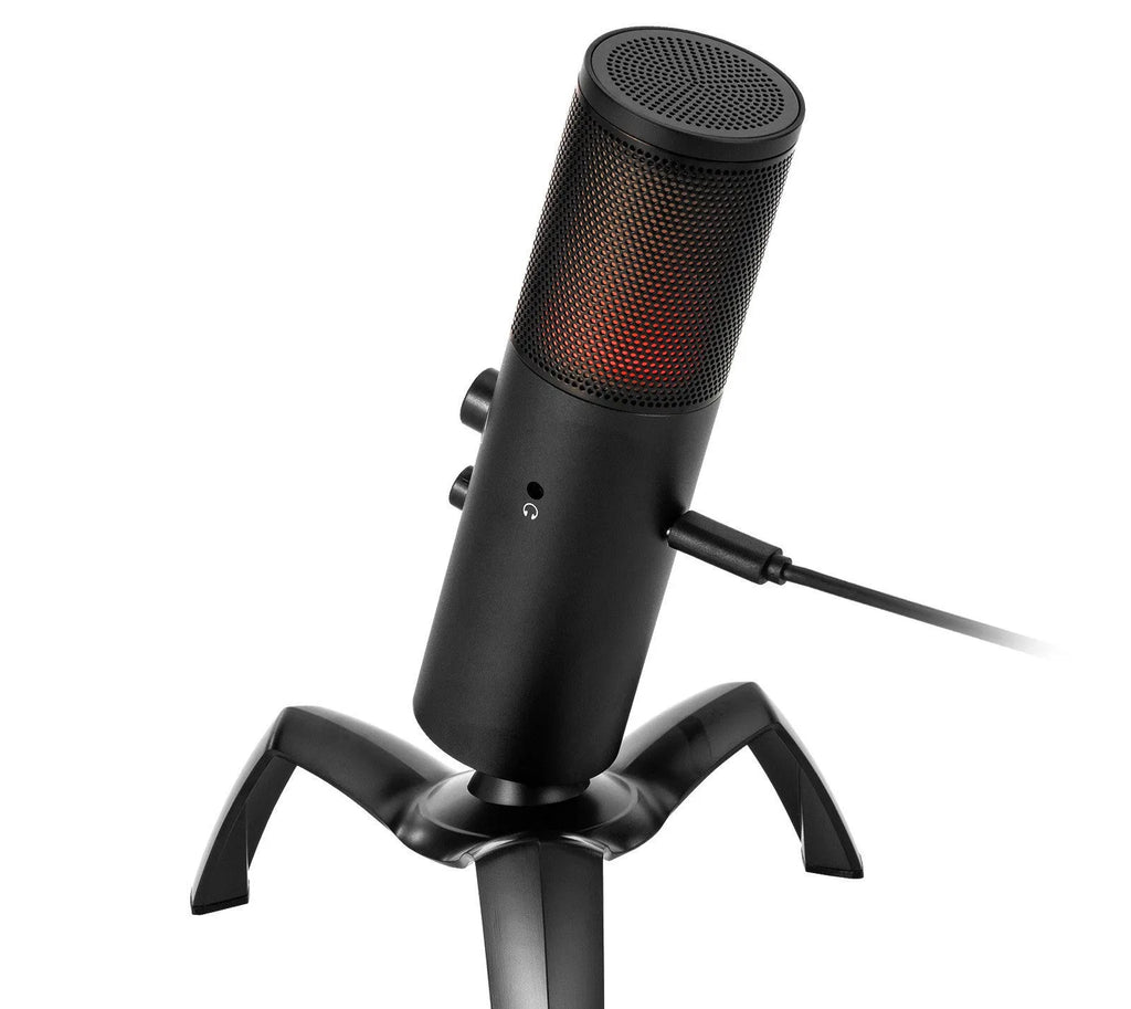 Black Q18 USB condenser microphone with RGB lighting on an adjustable metal tripod.