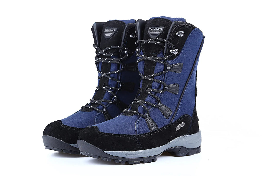 Women's black waterproof thermal snow boots with genuine leather uppers and rubber soles