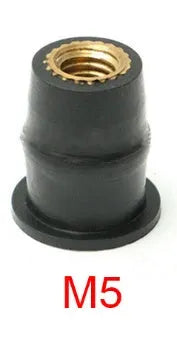 Set of 10 black rubber and brass well nut fasteners for motorcycle modification in M4 M5 M6 sizes.