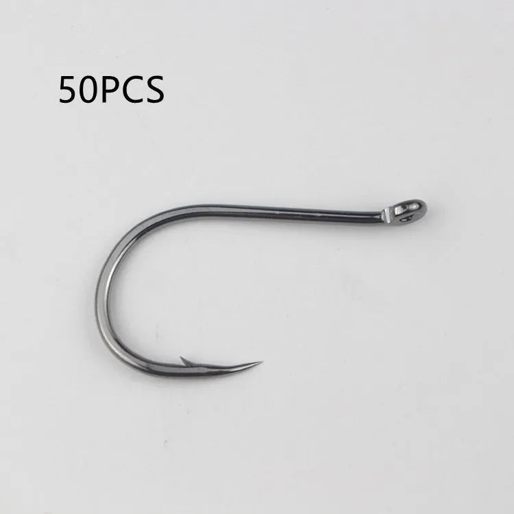 Bulk pack of alloy carbon steel barbed fishing hooks in various sizes for sea and rock fishing.