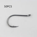 Bulk pack of alloy carbon steel barbed fishing hooks in various sizes for sea and rock fishing.