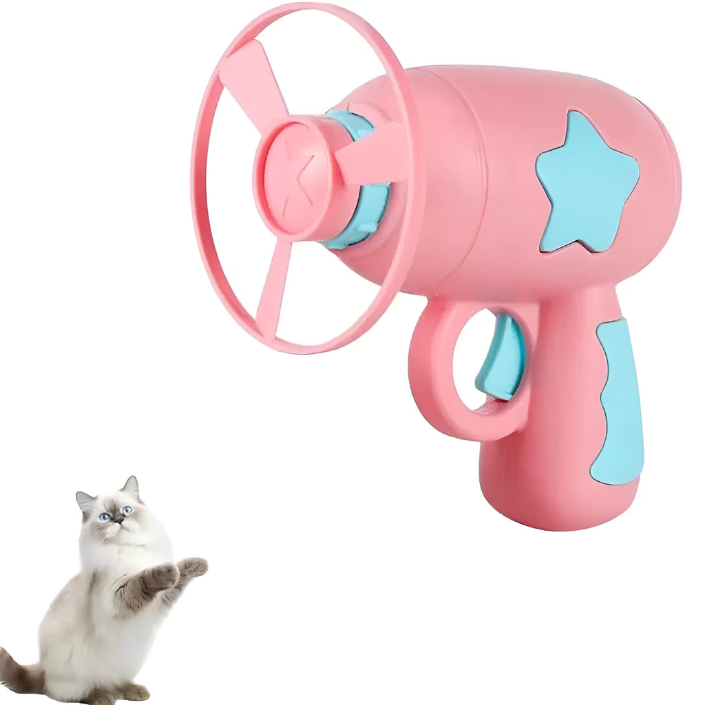 Interactive blue plastic cat toy gun with a spinning frisbee ready for launch.