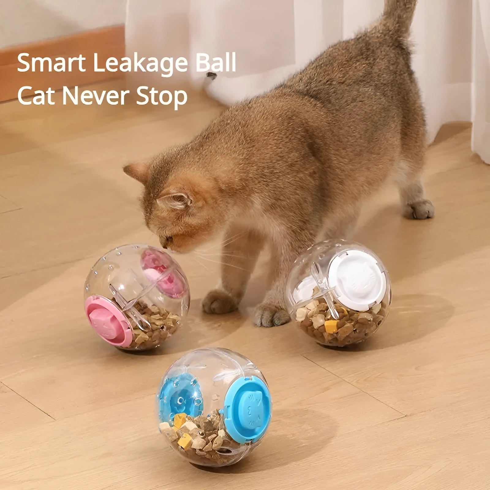Blue, pink and white slow feeding ball for cats and dogs with 11.5cm diameter