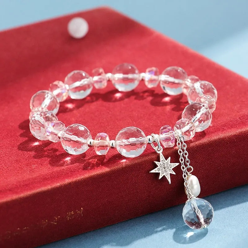 White crystal women's bracelet with lucky cat charm and adjustable electroplated design