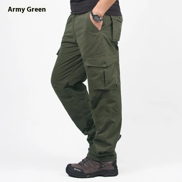 Men's thick cotton overalls with velvet lining in khaki colour showing loose fit and straight leg design