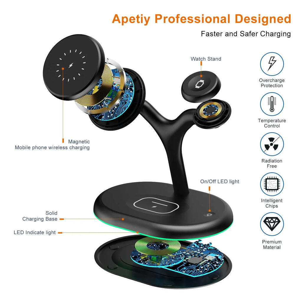 Black multifunctional magnetic wireless charger and power bank with stand function on a table.