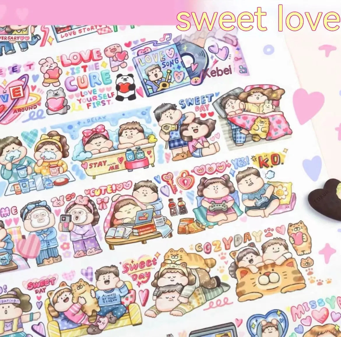 Sheet of cute cartoon character stickers for haemorrhoid tape packaging on Japanese paper.
