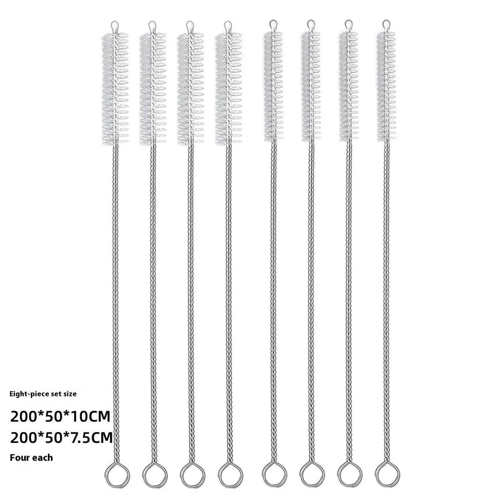 Set of thin stainless steel cleaning brushes with nylon bristles for cleaning drinking straws and bottles.