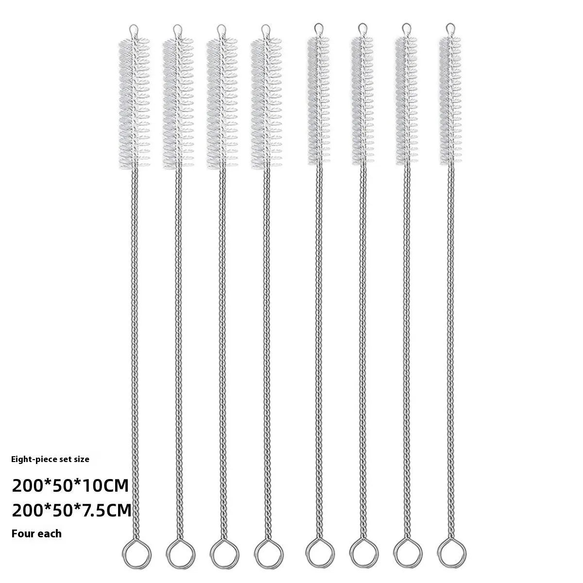 Set of thin stainless steel cleaning brushes with nylon bristles for cleaning drinking straws and bottles.