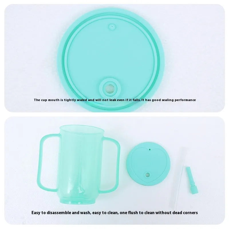 White PP plastic oblique mouth drinking cup with handle and lid for adult bedside use.