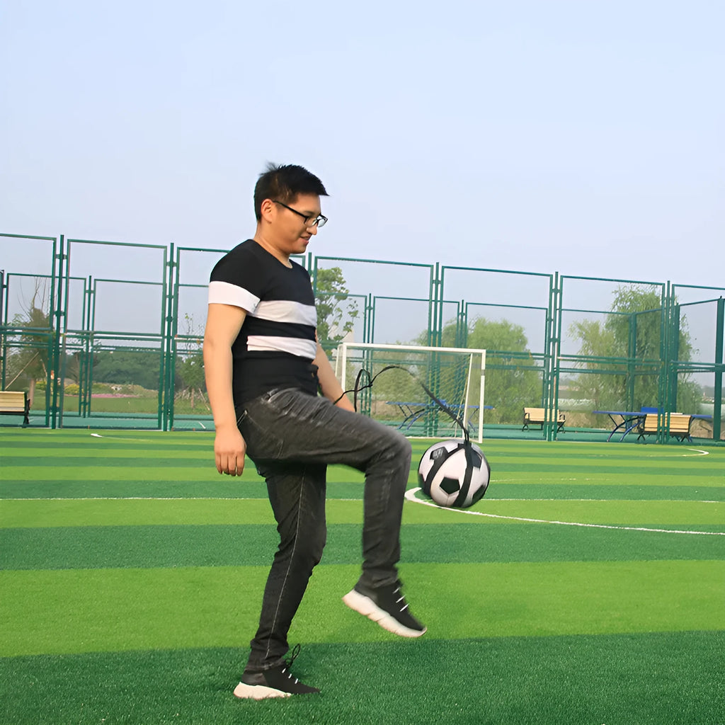 Black football juggling belt with 2 metre elastic cord for solo training