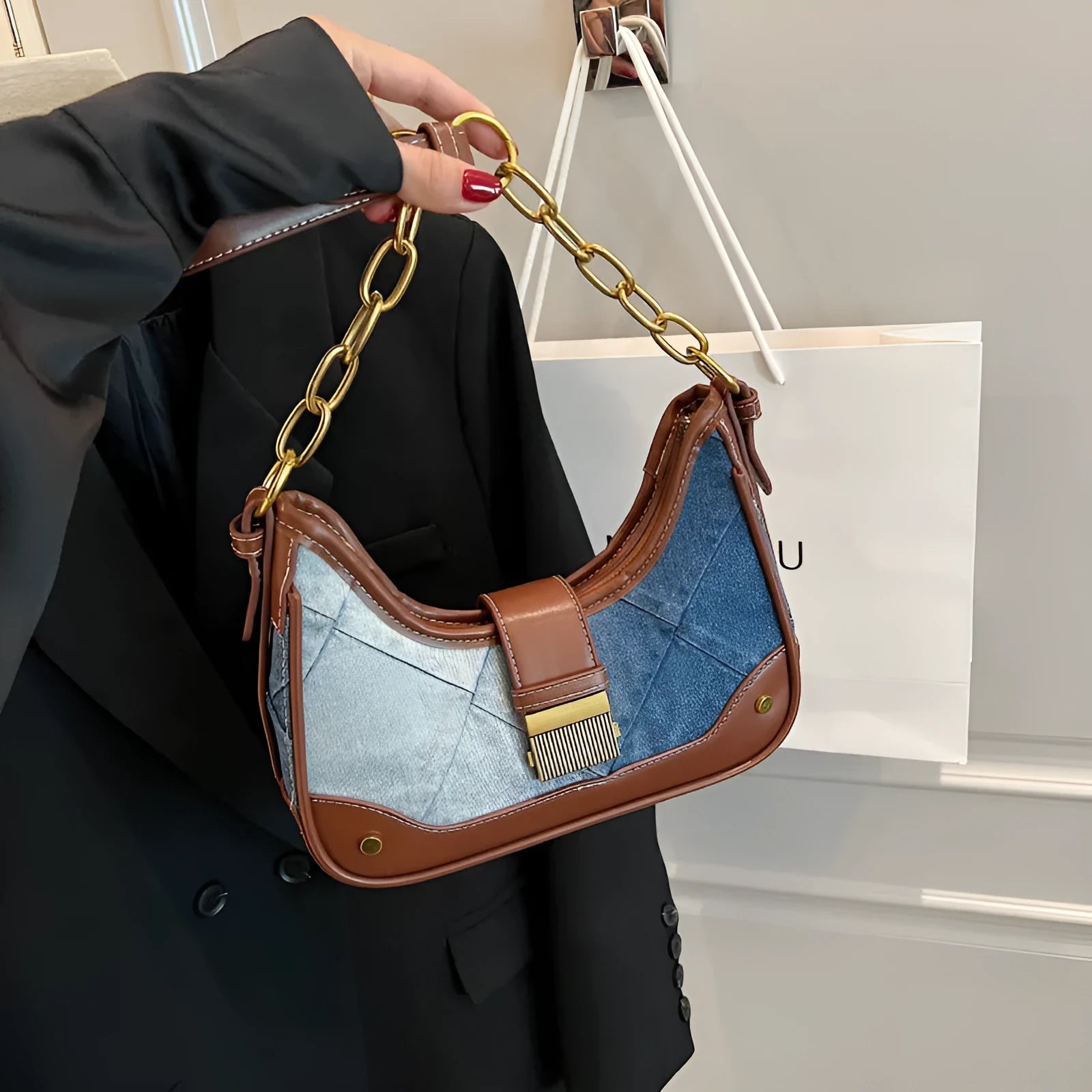 Brown denim women's shoulder bag with diamond mesh chain design and bucket shape