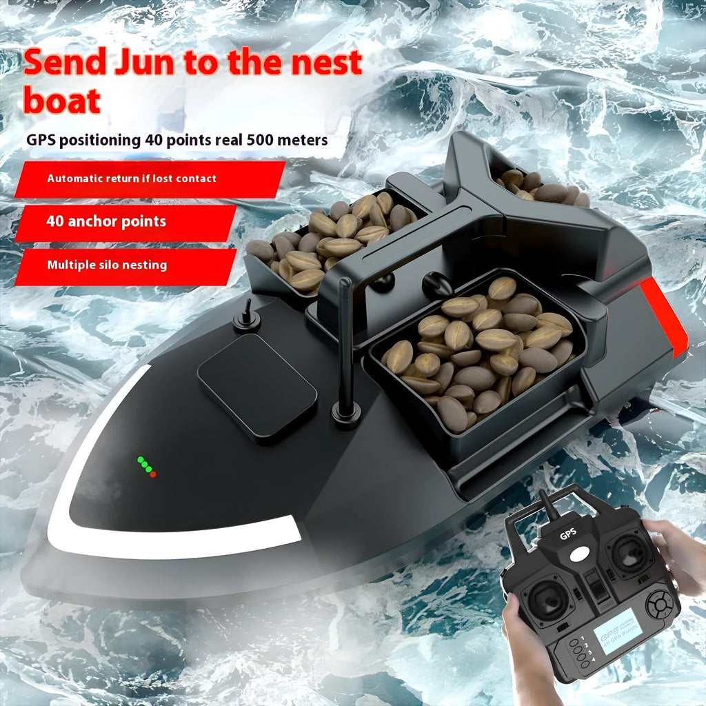 Remote control fishing boat with GPS antenna on deck, shown on water with remote control.