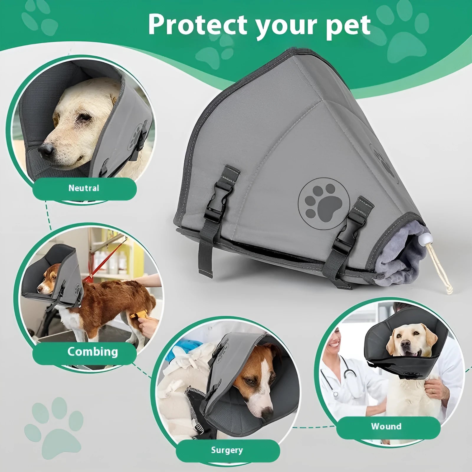 Adjustable fabric pet recovery collar in single and double-layer styles.