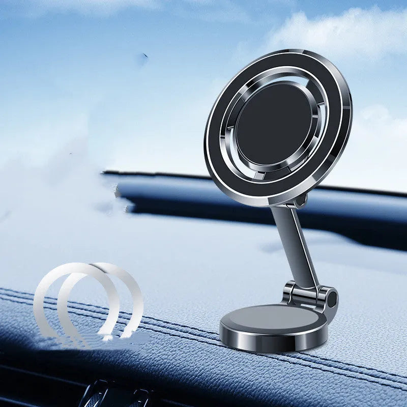 Car dashboard mobile phone holder with adhesive magnetic fixation and 360-degree rotation bracket