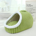 Blue striped thickened 3D dog bed with raised sides and a hole for burrowing, showing removable sponge insert.
