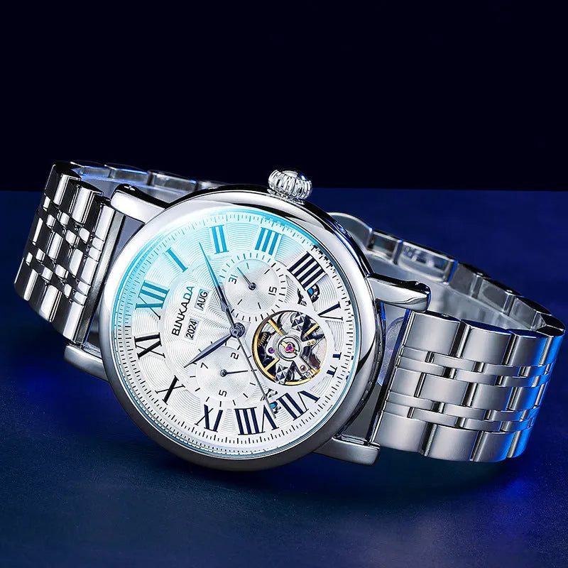 Men's automatic mechanical waterproof watch with steel bracelet in business style