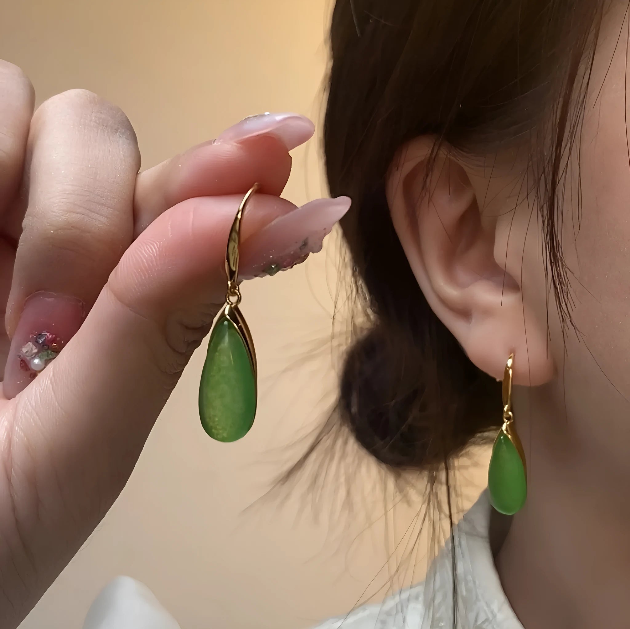 Retro Chinese-style geometric copper earrings with electroplated CP798-jade colour and water droplet elements