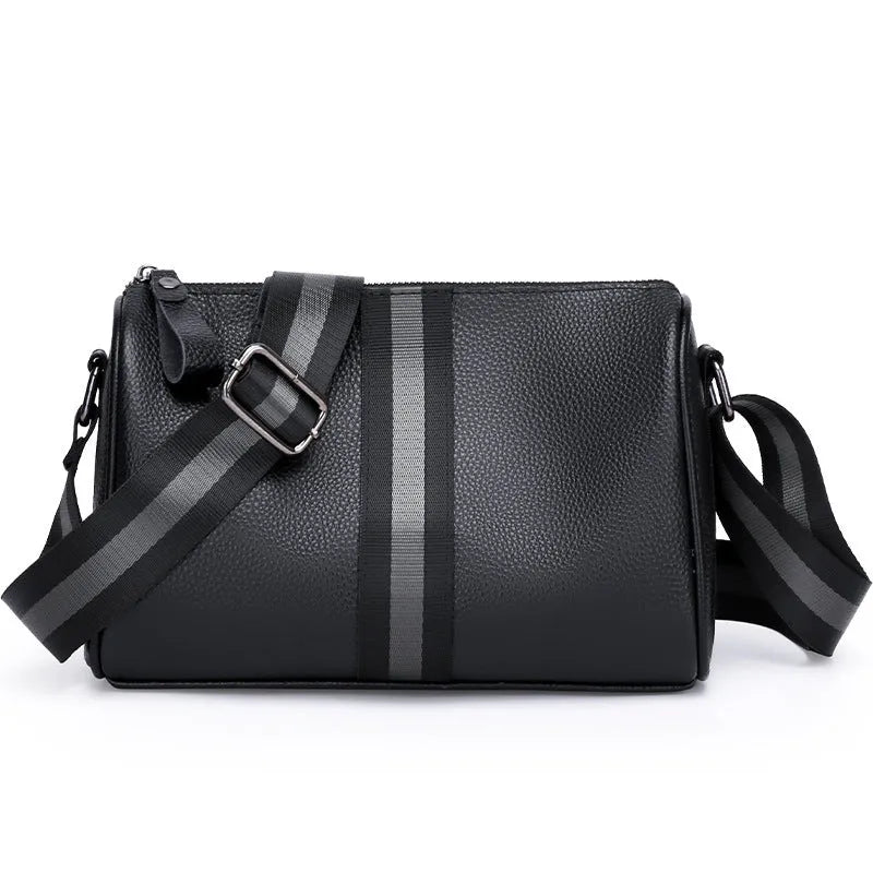 Black genuine leather one-shoulder crossbody bag with a large capacity.