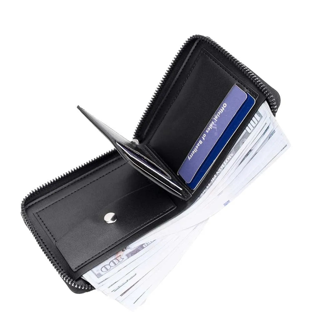 PU leather anti-theft credit card zipper wallet with embossed pattern in solid black colour