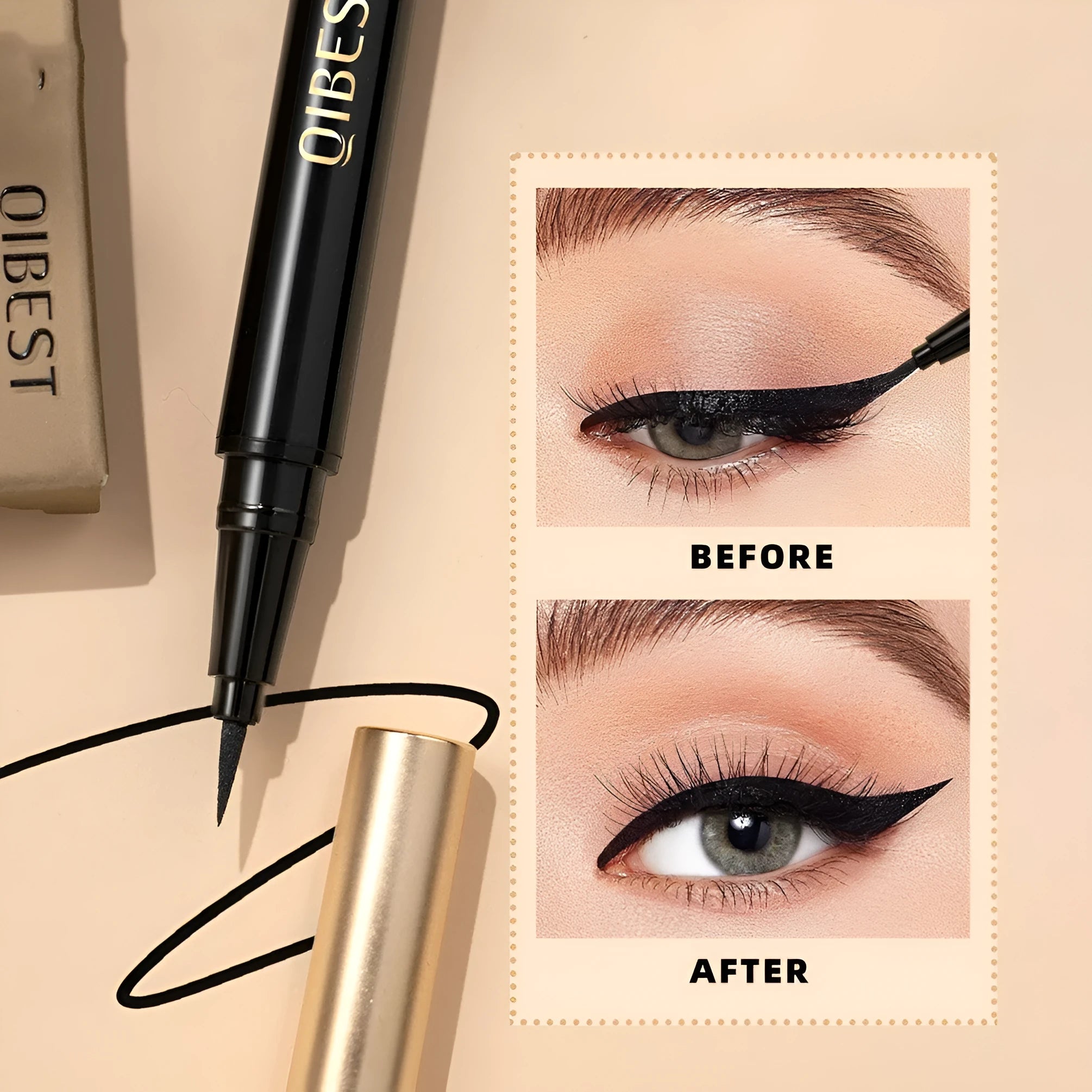 Black liquid eyeliner pen with fine brush tip for precise application