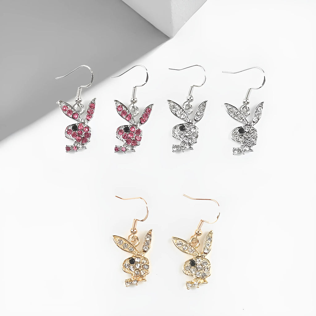 Cute cartoon rabbit stud earrings in gold, pink, and silver colours.