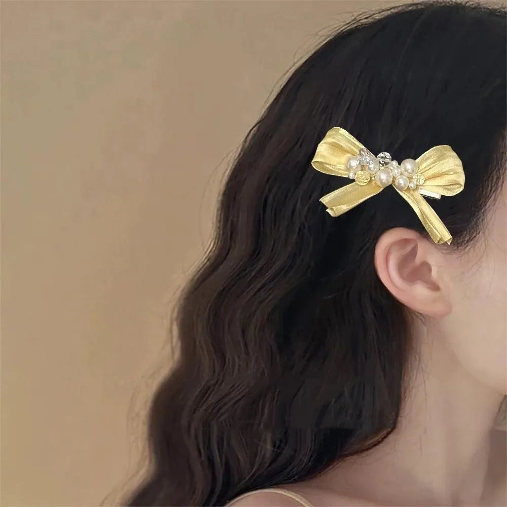 Yellow fabric bow barrettes with rhinestone pearl duckbill clip hair accessories