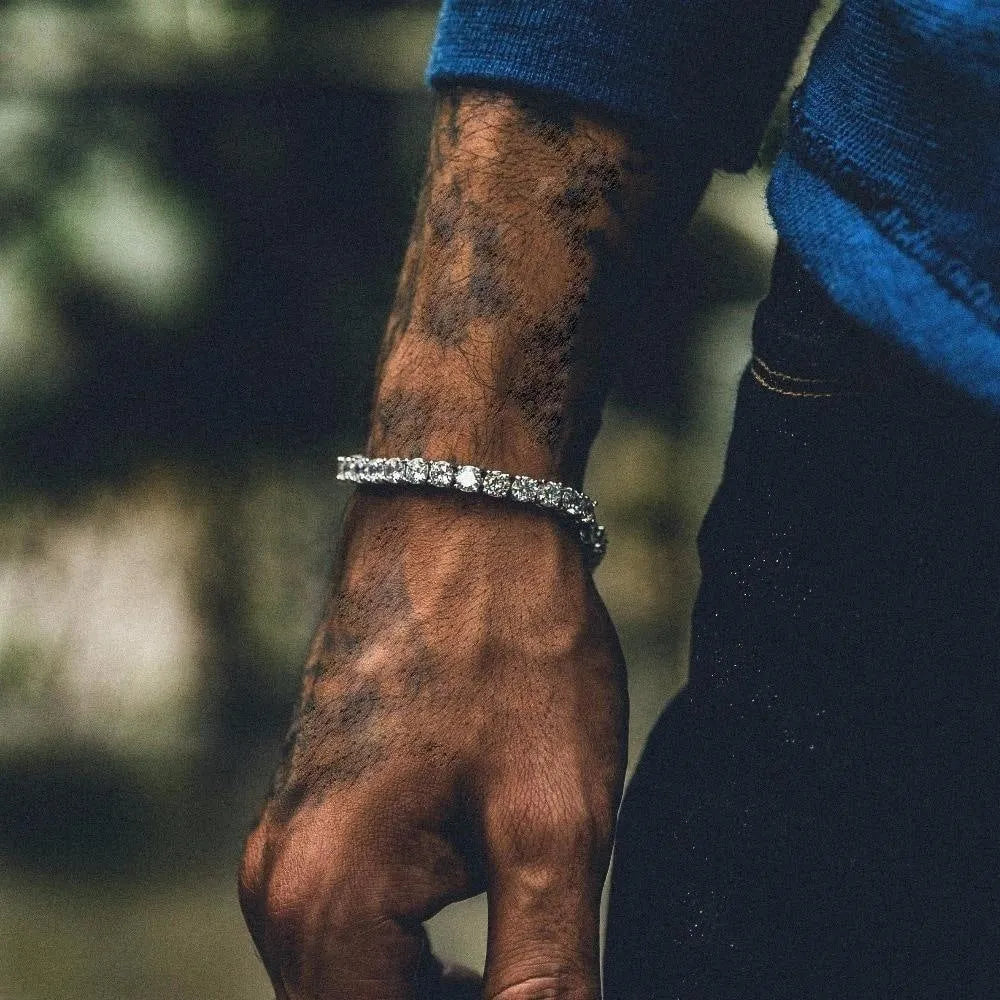 Men's geometric tennis bracelet with single row of zirconia stones on alloy chain in multiple colours