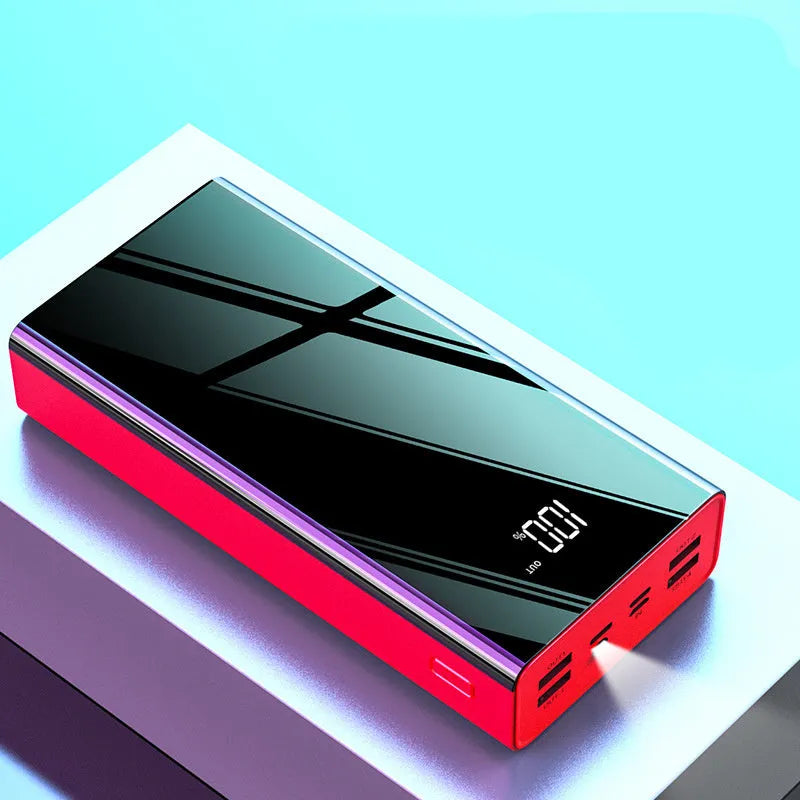 Black and red large 40000mAh power bank with LCD display showing charge level.
