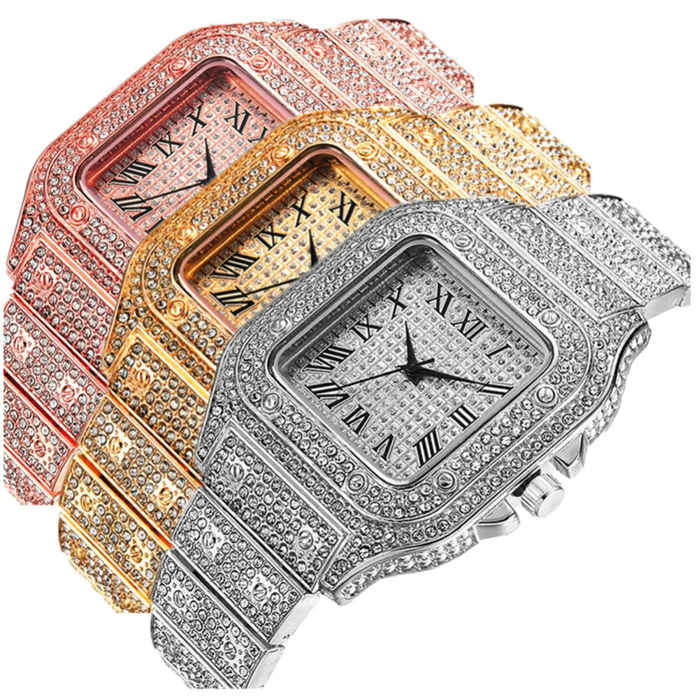 Roman numeral quartz watch with black mesh band, matching bracelet and necklace set in gold tone