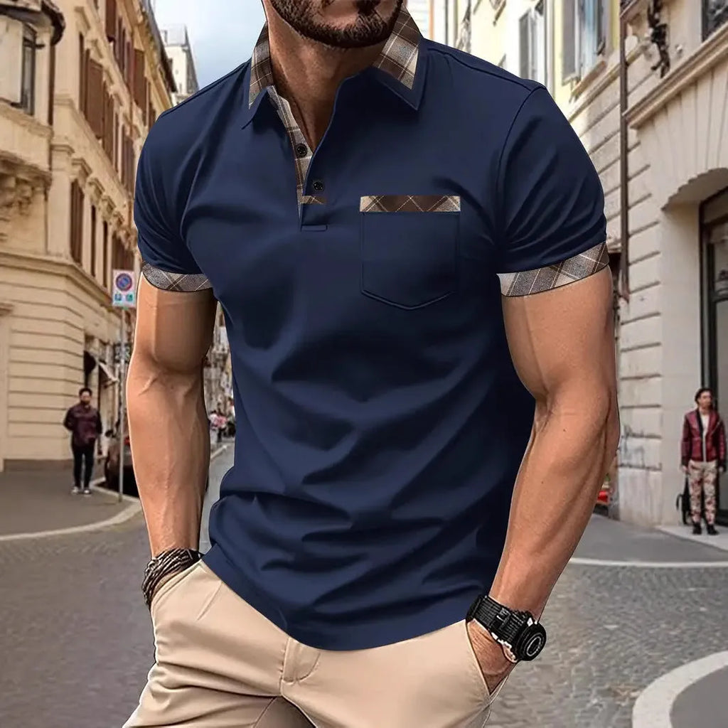 Men's short sleeve plaid colourblock t-shirt with a decorative zipper on the front.
