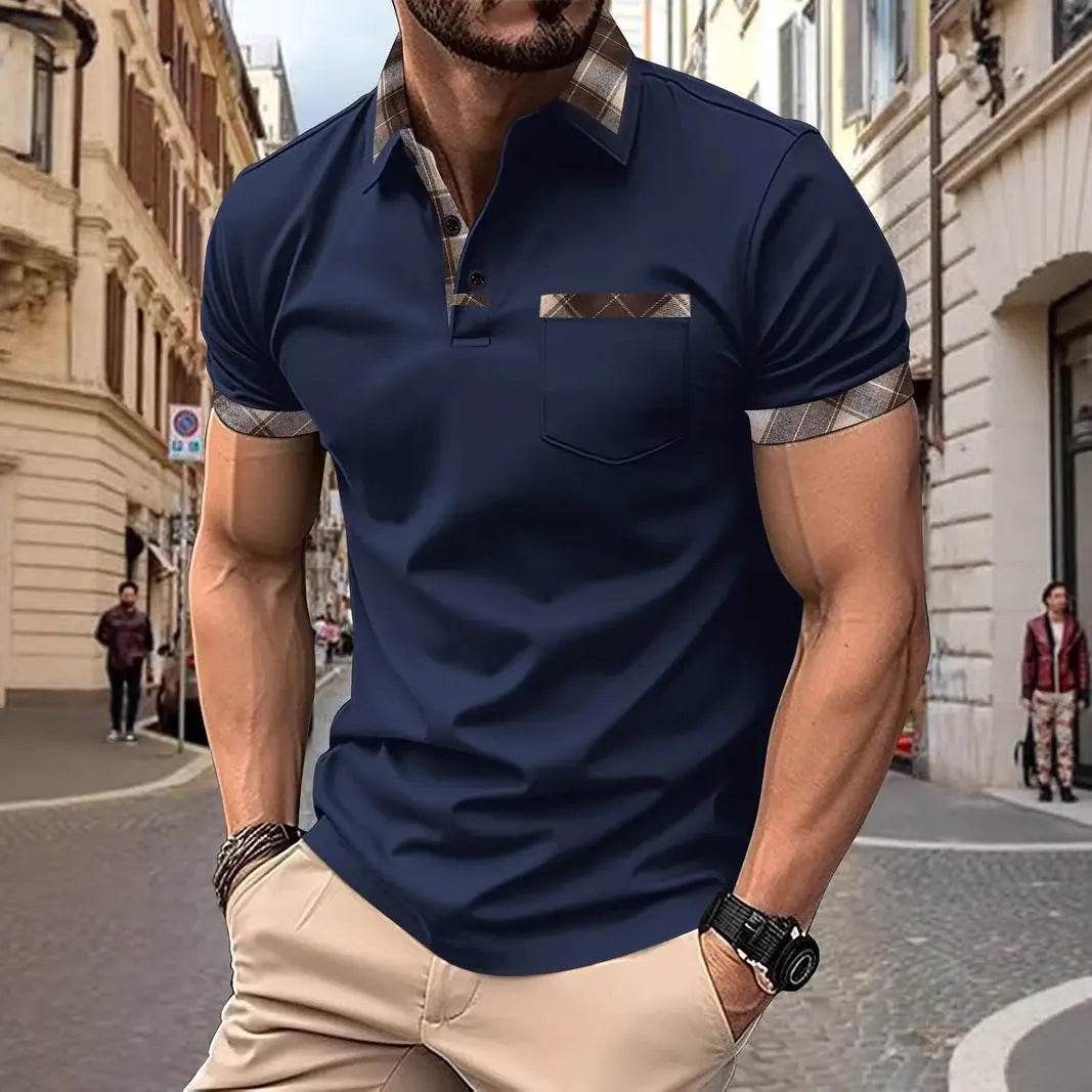 Men's short sleeve plaid colourblock t-shirt with a decorative zipper on the front.