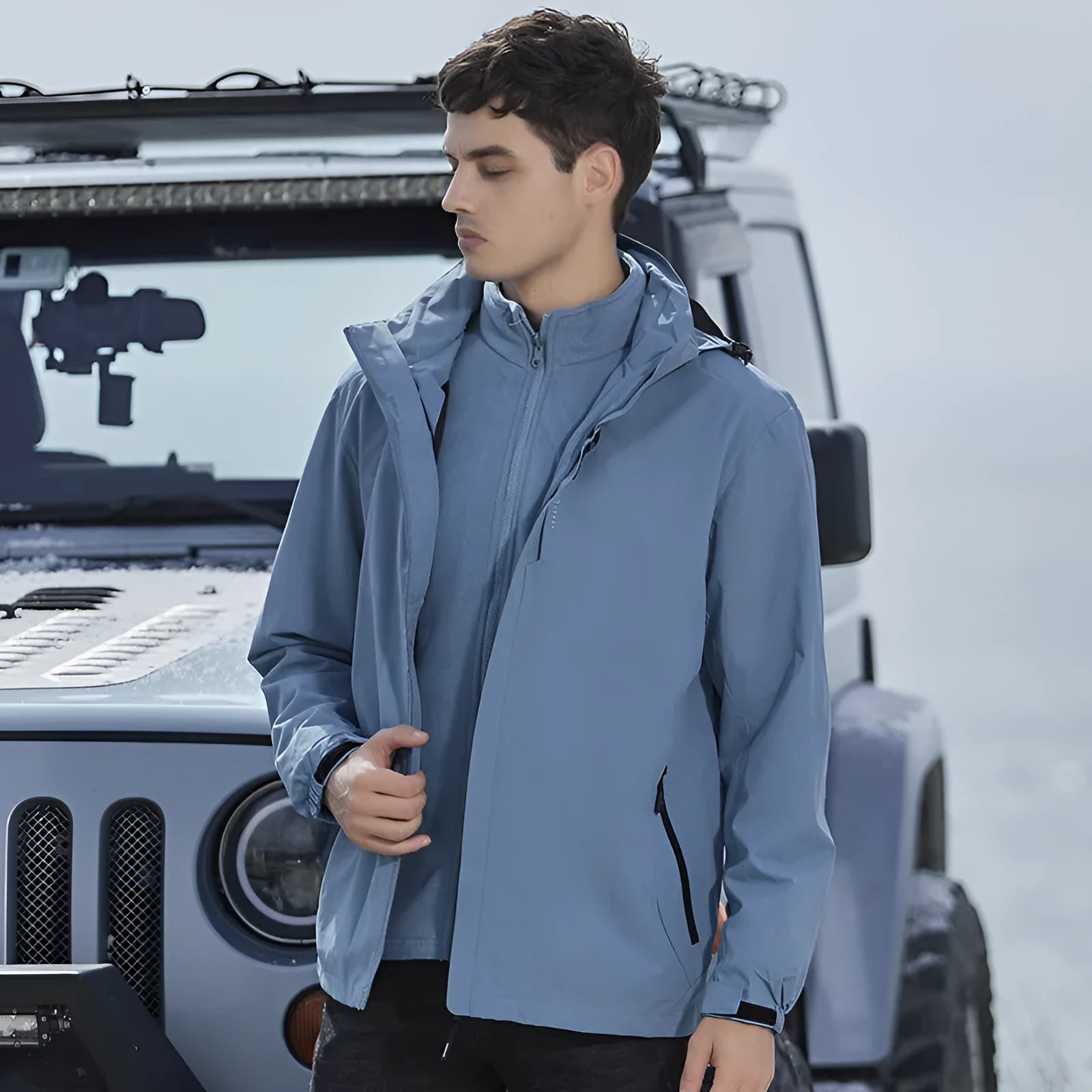 Men's black three-in-one removable waterproof mountaineering suit with polar fleece lining shown for hiking.