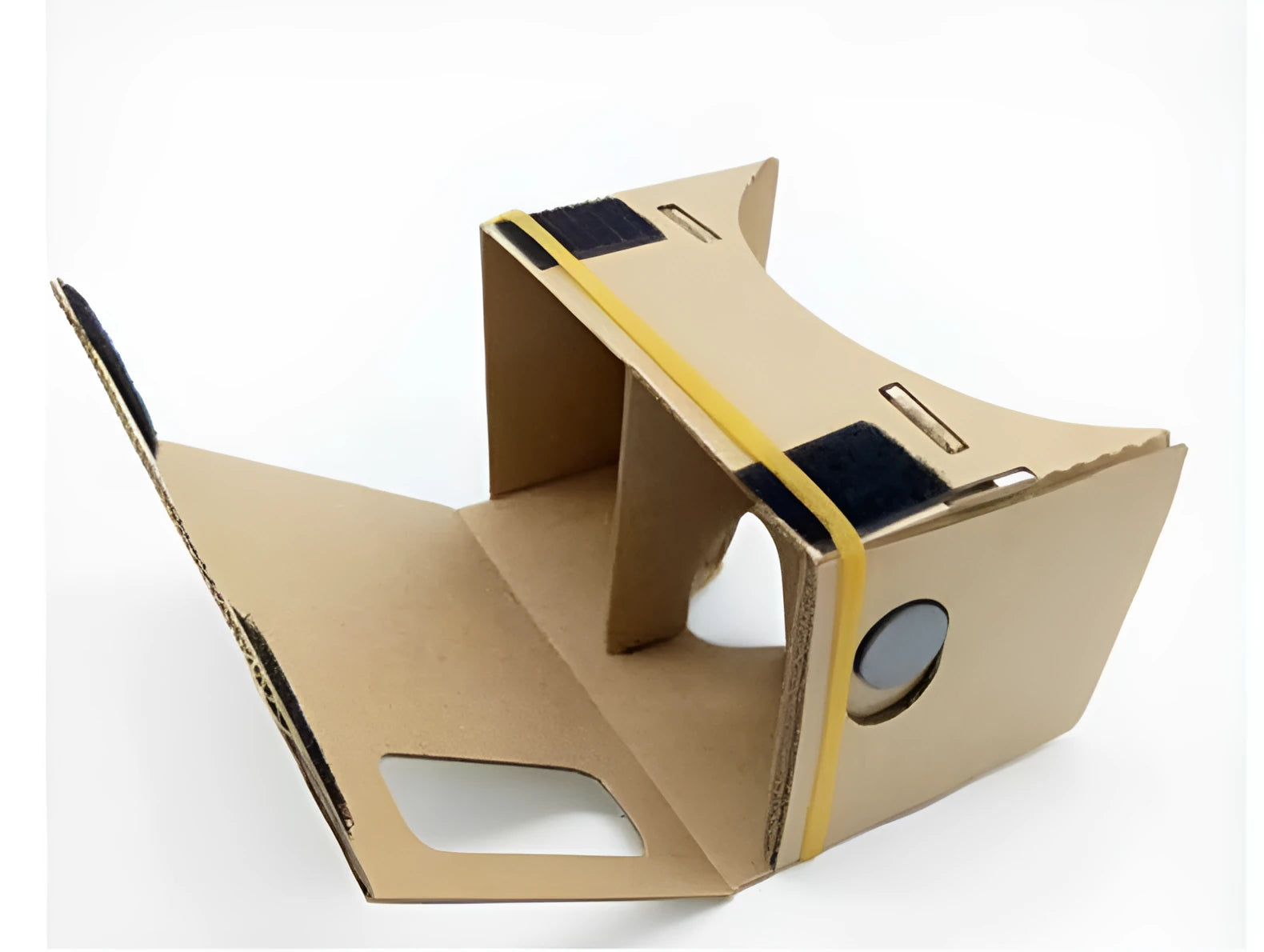 Pink and white cardboard VR glasses for smartphones with 3D lenses and a rubber strap.