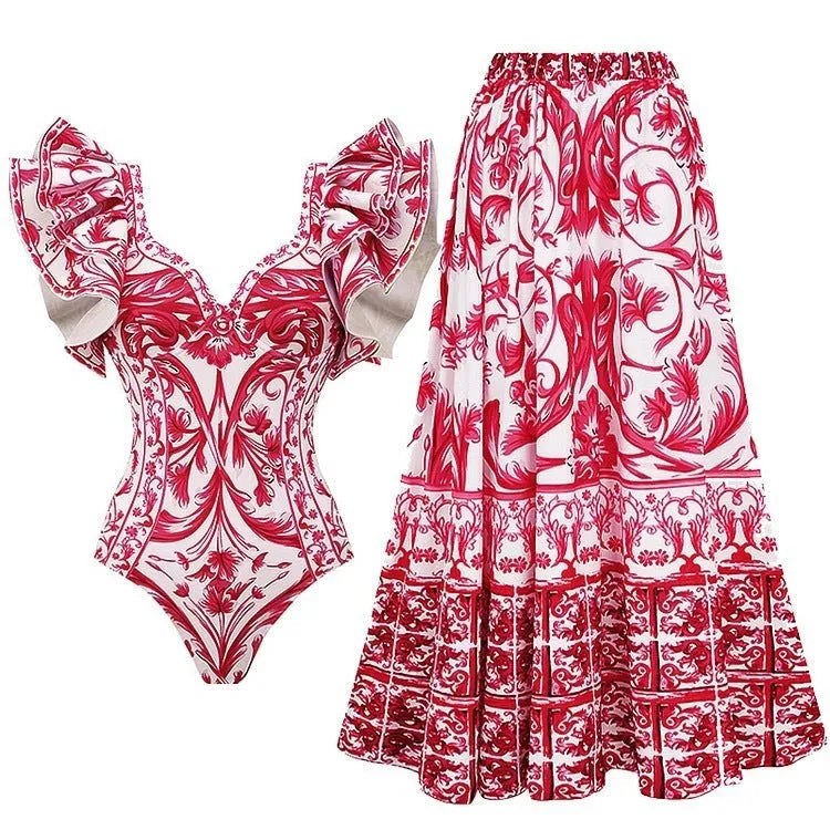Women's printed polyester one-piece swimsuit with skirt in blue, pink, white or red designs.