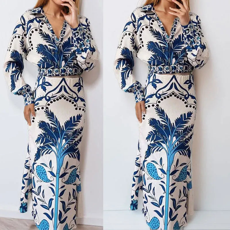 Women's early spring two-piece casual outfit with long sleeve top and long skirt