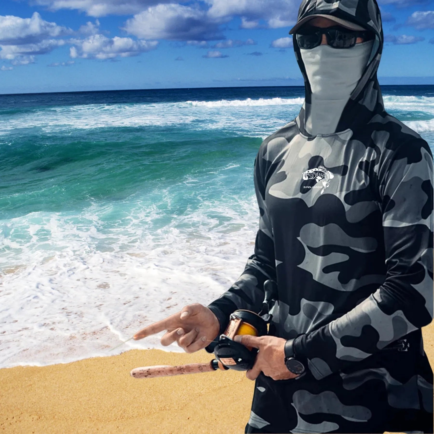 Huk Pursuit long sleeve performance fishing shirt with mesh side panels shown on a model.