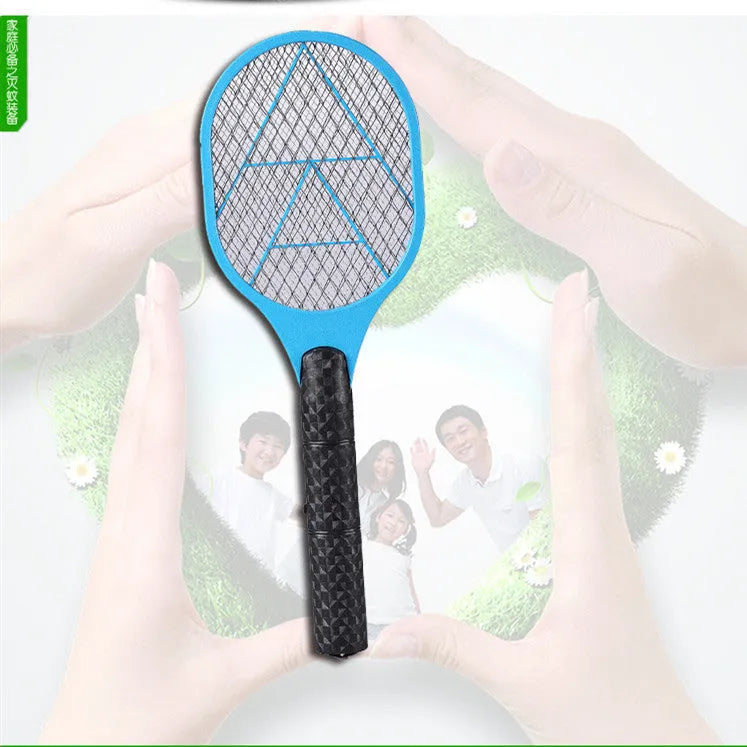 Blue battery powered electric mosquito swatter with LED light and safety guard, 45cm length