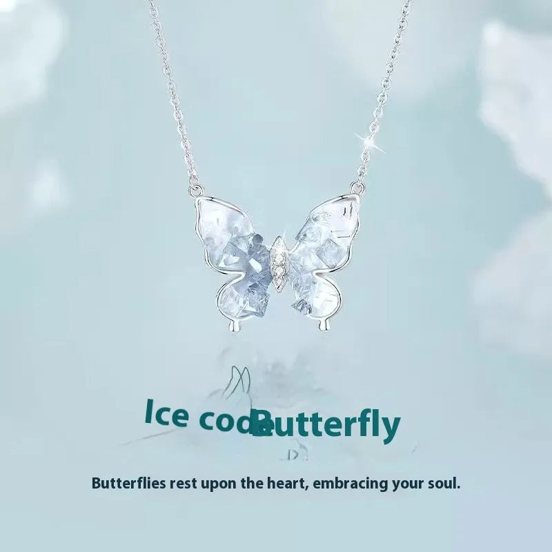 Bingyu Butterfly S925 silver necklace with O‑ring chain and adjustable 41‑50 cm length.